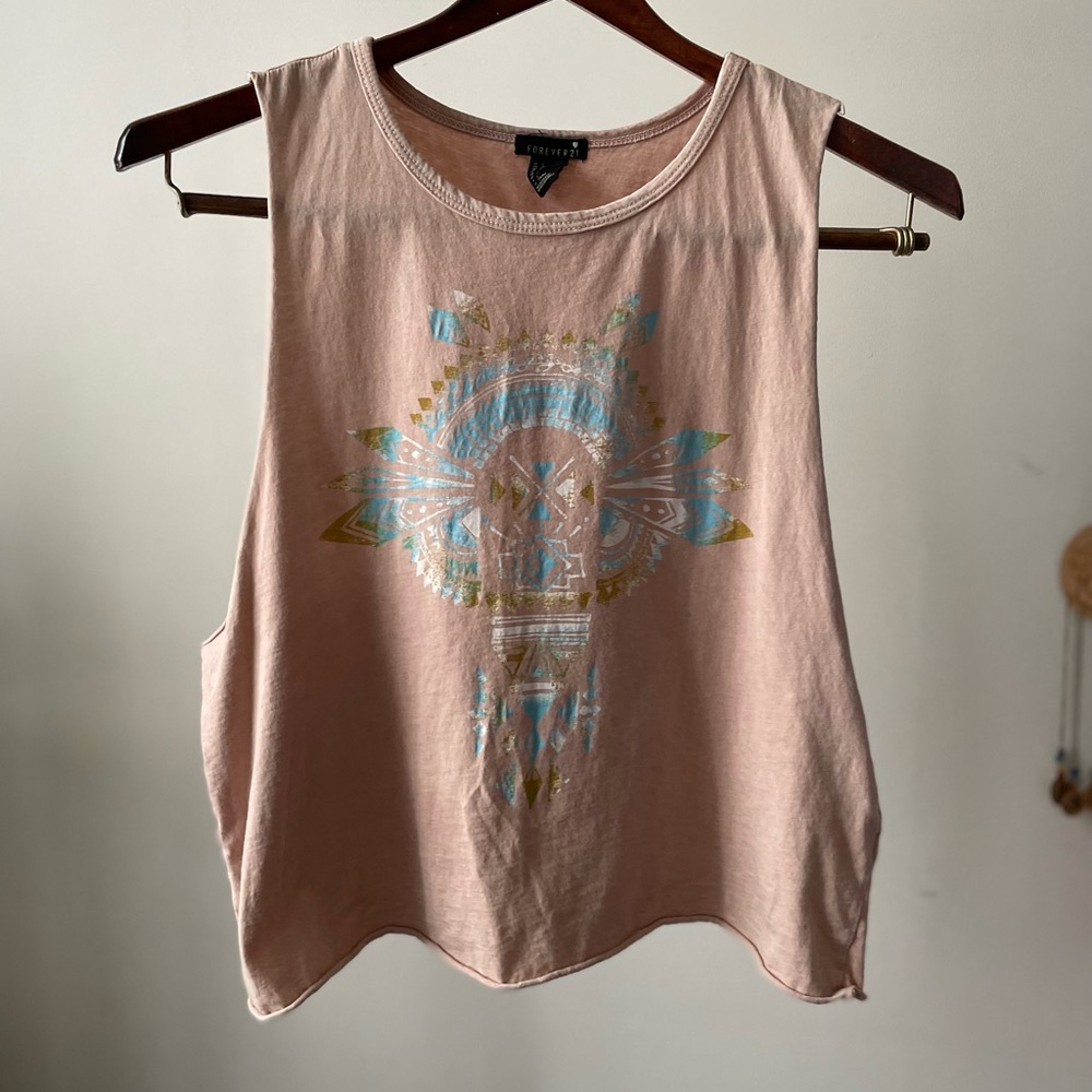 Forever 21 Pink/ Nude Graphic Cropped Muscle Tank Top with Aztec Design- Size L